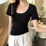 This Year's Popular Beautiful Korean U-Neck Shoulder Short-Sleeved T-Shirt Women's Summer 2025 New Sweet And Spicy Bodywear