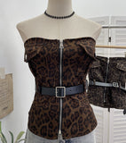 Real-Style Belted Leopard Tectar In Front Of The Zipper Open Shirt 6172