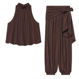 2026 New Women's Bubble Sleeve Hanging Neck Blouse 1342773 Trousers 1342777 Set