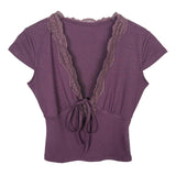 South Korea's New Summer Temperament Slimming Low V-Neck Hottie Pure Lust Lace Side Set Short-Sleeved T-Shirt Top