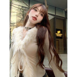 Thai Women's Slightly Fat MM Autumn And Winter New Atmosphere T-Shirt V-Neck Temperament Strapped Cardigan High-End Feel Inside The Top