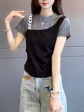 2026 Summer New Round Collar Fashion Colliding Short-Sleeved T-Shirt Women's Small Slim Slimming Commuting Top