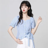 French Blue Collar Plaid Shirt Women's Summer 2026 Summer New Bubble Sleeves With Shirt Short Top