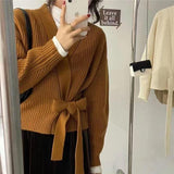 French Retro V Tie Loose Outer Knitted Cardigan Design Sweater Coat Femininity