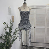Rally Lattice Mesh Sling Sling Vest Hanging Neck Splicing Lace Irregular Lotus Leaf Edge Ribbon Sleeveless Top 6511