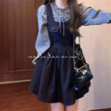 Spring And Autumn Wear A Set Of Women's Loose Retro Bows Cowboy With A Lace Shirt