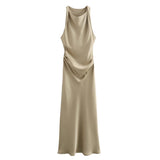 BSK&TRAF Women's Clothing 2026 Summer New Fashion Silk Hyssin Texture To The Waist Of The Fan Flute Dress 8372090