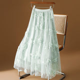 Spring 2025 New High-Rise Thin Double-Layer Mesh Shaft A-Shaped Skirt Three-Dimensional Embroidery Flower Mid-Long Skirt