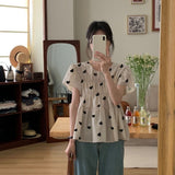 Apricot Folded Short-Sleeved Shirt 2025 Summer Loose Love Heartbreak Flower Blouse Bubble Sleeve Blouse Blouse Blouse Blouse Blouse