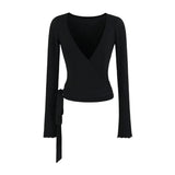 Ballet Style Bottom Hanging Neck Sling + Long Sleeve With Open Shirt + Lateral Waist Hanging Micro-Horn Pants Three-Piece Set Of Women