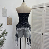 Real Shooting Wave Point Printing Yarn Tectonic Tector Vest Irregular Splicing Lace Ribbon Ribbon Leaves Edge Sleeveless Top 7231