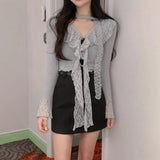 Spring And Summer New Temperament Pure Desire Lotus Leaf Side Ribbon Wearing Short V-Neck Lace Bottom T-Shirt Long-Sleeved T-Shirt