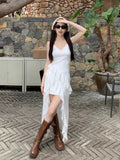 French White Irregular Lace Sling Dress Women's Summer Seaside Vacation Waist Thin Open Fork Long Skirt