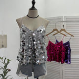 Real Shoot Hottie Sexy Night Club Heavy Bling Flash Shiny V Tie Sling Vest Sleeveless Top 3032