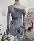 Tie Tie Net Yarn Oblique Shoulder Babes Sexy Body-On-Sleeve Horn Irregular Top 9955