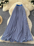Striped Half-Dress Women 2026 New Tight Waist Hanging Long Skirt Wave Hem Swing 100 Folds Skirt