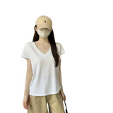 2026 Summer Korean Version Of Relaxed V-Neck Solid Color Foundation Straight Shoulder Short-Sleeved T-Shirt Top Woman