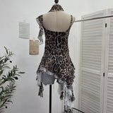 Leopard-Print Spliced Lace Ribbon Hanging Neck Irregular Sling Vest Sleeveless Top 1852