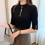 Spring And Summer With A Small Suit And Bottom Shirt Women's Design Sense Of Small Half-High Collar New Knitted Shirt T-Shirt