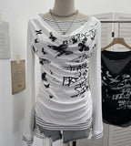 Real Shooting Sweet Cool Y2k Butterfly Print Fake Two Striped Long-Sleeved T-Shirt T-Shirt T-Shirt T-Shirt T-Shirt 27753