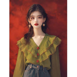 French Green Lotus Leaf-Side Shirt Women's Autumn 2025 New Niche Long-Sleeved Shirt V-Neck Top Temperament Elegant