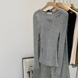 Commuting Pure Babes Hollow Wool Irregular Long-Sleeved Female Commuting Spring And Autumn New Thin Lazy Top