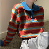 Vintage POLO Collar Striped Knitted Shirt Girl Spring And Autumn Small Loose Short-Sleeved Sweater Chic Top