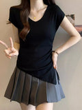 Oceanic Back Hollow Design Blouse V Collar Slim Slimmed T-Shirt 2026 Summer New Solid Color Shirt