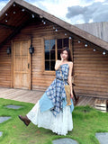 Design Feel Waist Thin Splicing Irregular Skirt Blue Tie Sling Dress Women's Summer