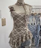 Real Shooting Retro Tie-Dye-Print Mesh Sling Sling Sling Vest Irregular Lotus Leaf Edge Ribbon Sleeveless Top 1185