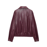 Summer New Retro Simple Collar Zipper Leather Coat Woman