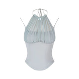 Pink Mesh Splicing Hanging Neck Vest Sling Women's Summer Pure-Bouted Bow Sleeveless Top