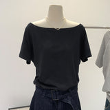 2026 Star With The Same Word Collar Slender Shoulder T-Shirt Girl Summer Lazy Wind High-End Feel Top Woman