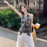 Sweet And Spicy Collegged Lattice V-Neck Sling Vest For The Summer Re-Bitelon Design With A Bow Hanging Neck Blouse