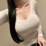 South Korea's New Autumn Temperament V-Neck Slim Slim Thin Top Show Body With Long-Sleeved Bottom Shirt T-Shirt Woman