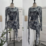 Vintage Print Double-Layer Mesh Long-Sleeved Top Design Feel Irregular Ribbon-Up T-Shirt 99981