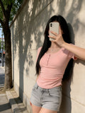 Pure Lustful Wind U Collar Short Sleeves Shoulder T-Shirt Girls Summer Irregular Elastic Display Thin Short Green Top