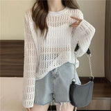 Spring And Autumn 2025 Knitted Shirt Thin Hollow Top Women's Long Sleeves Loose Breathable Coat Grid Simple Match