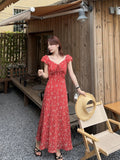 Design Sense V-Necked Flower Short-Sleeved Dress Women's Summer Niche Slim Waist Long Dress Gentle Style Dress