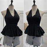 Real Shooting Wave Point Hanging Neck Sling Vest Bare Back Bow Skirt Swollen Belly Thin Sleeveless Top 9260