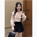 One-×Öabanded Bow Bow T-Shirt Topess Women 2025 Spring New Lotus Side Chiffon Shirt Long Sleeves