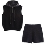 BSK&TRAF Women's Autumn 2025 New Towel Knitted Half-Zip Hooded Vest Shorts Set