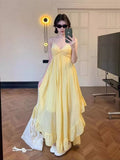 Pure-Want Retro Design Irregularly Exposed Back Yellow Slings Long Skirt Atmosphere Feel Holiday Wind Beach Skirt