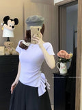 Purple Irregular Slanted Loaf Side Short-Sleeved T-Shirt Girls Summer Thin Knitted Shirt Waist Thin Temperament Top