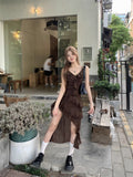 French Beauty Leaves Side Sling Dress Female Summer Temperament Irregular Seaside Vacation Waist A Word Skirt