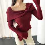 French Temperament Wooden Ear Three-Dimensional Flower Knitting Top Irregular Design Feel Waist Thin Horn Sleeve Bottom