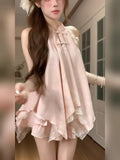 New Chinese-Style Suit Women's Summer National Wind Looks Pink Irregular Hanging Neck Top Cake Half Skirt A Complete Set