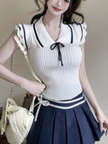 College Summer New Striped Tiling With Short-Sleeved Design Bow Sweet Age-Sleeved Knitting Top