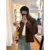 Curry Deer Leather Jacket Women's Short 2025 Spring And Autumn Korean Loose Leisure Retro Small Jacket Top
