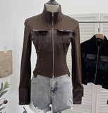 Vintage Modern Zipper Collar Spliced Pu Leather Shirt Babes Short Jacket Coat Fur Coat 1365